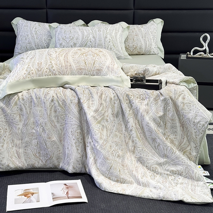 91家纺网 家纺一手货源 找家纺 梵克保罗 2025春夏新款莱赛尔天丝夏被嵌绳款数码印花单夏被夏被四件套单床笠单床单款 莉格西塔