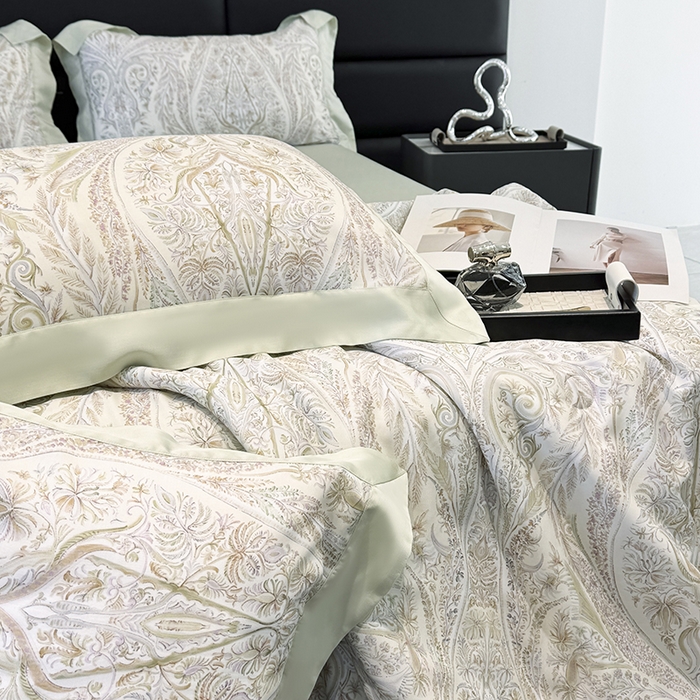 91家纺网 家纺一手货源 找家纺 梵克保罗 2025春夏新款莱赛尔天丝夏被嵌绳款数码印花单夏被夏被四件套单床笠单床单款 莉格西塔