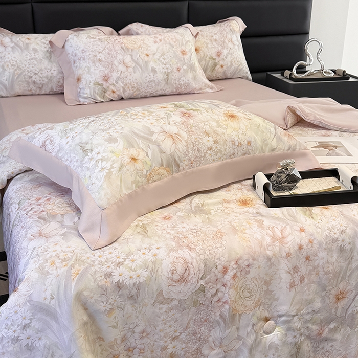 91家纺网 家纺一手货源 找家纺 梵克保罗 2025春夏新款莱赛尔天丝夏被嵌绳款数码印花单夏被夏被四件套单床笠单床单款 筱然