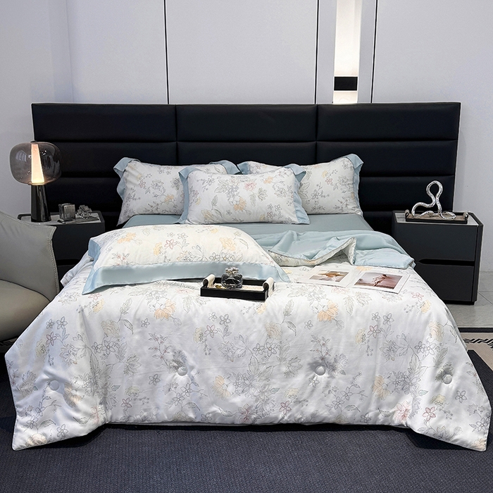 91家纺网 家纺一手货源 找家纺 梵克保罗 2025春夏新款莱赛尔天丝夏被嵌绳款数码印花单夏被夏被四件套单床笠单床单款 春日蜜糖