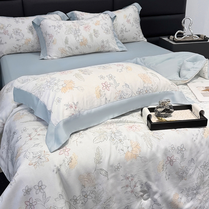 91家纺网 家纺一手货源 找家纺 梵克保罗 2025春夏新款莱赛尔天丝夏被嵌绳款数码印花单夏被夏被四件套单床笠单床单款 春日蜜糖