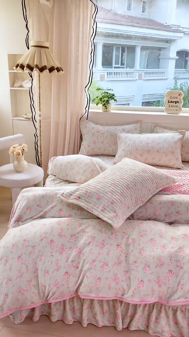 91家纺网 家纺一手货源 找家纺 尚美 2025新款豆豆绒牛奶绒大花边床盖四件套-系列2（床盖花边随机） 梅野