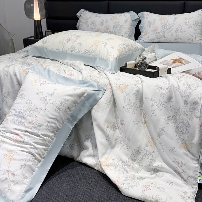 91家纺网 家纺一手货源 找家纺 梵克保罗 2025春夏新款莱赛尔天丝夏被嵌绳款数码印花单夏被夏被四件套单床笠单床单款 春日蜜糖