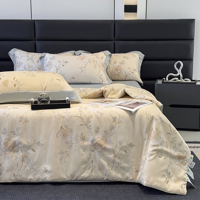 91家纺网 家纺一手货源 找家纺 梵克保罗 2025春夏新款莱赛尔天丝夏被嵌绳款数码印花单夏被夏被四件套单床笠单床单款 妍艺