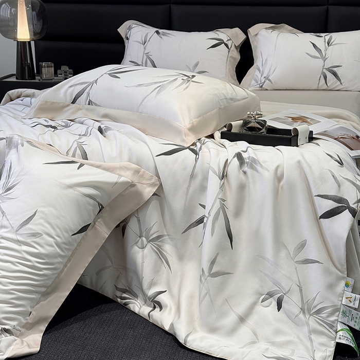 91家纺网 家纺一手货源 找家纺 梵克保罗 2025春夏新款莱赛尔天丝夏被嵌绳款数码印花单夏被夏被四件套单床笠单床单款 轻蔓竹