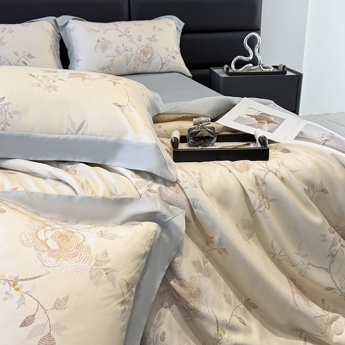 91家纺网 家纺一手货源 找家纺 梵克保罗 2025春夏新款莱赛尔天丝夏被嵌绳款数码印花单夏被夏被四件套单床笠单床单款 妍艺
