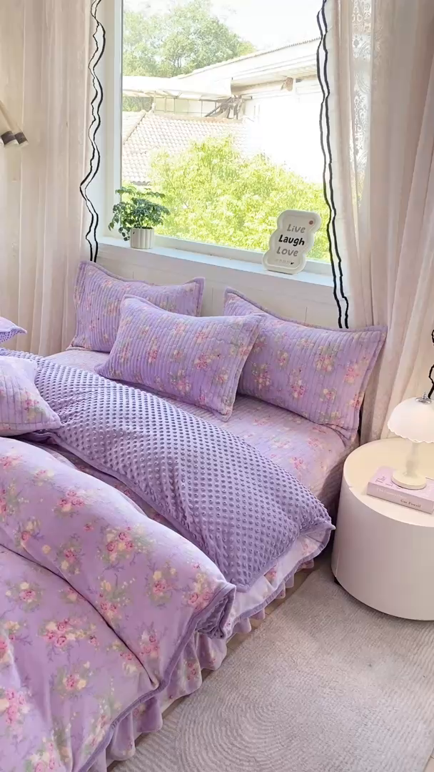 91家纺网 家纺一手货源 找家纺 尚美 2025新款豆豆绒牛奶绒大花边床盖四件套-系列2（床盖花边随机） 紫苏