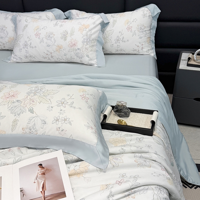 91家纺网 家纺一手货源 找家纺 梵克保罗 2025春夏新款莱赛尔天丝夏被嵌绳款数码印花单夏被夏被四件套单床笠单床单款 春日蜜糖