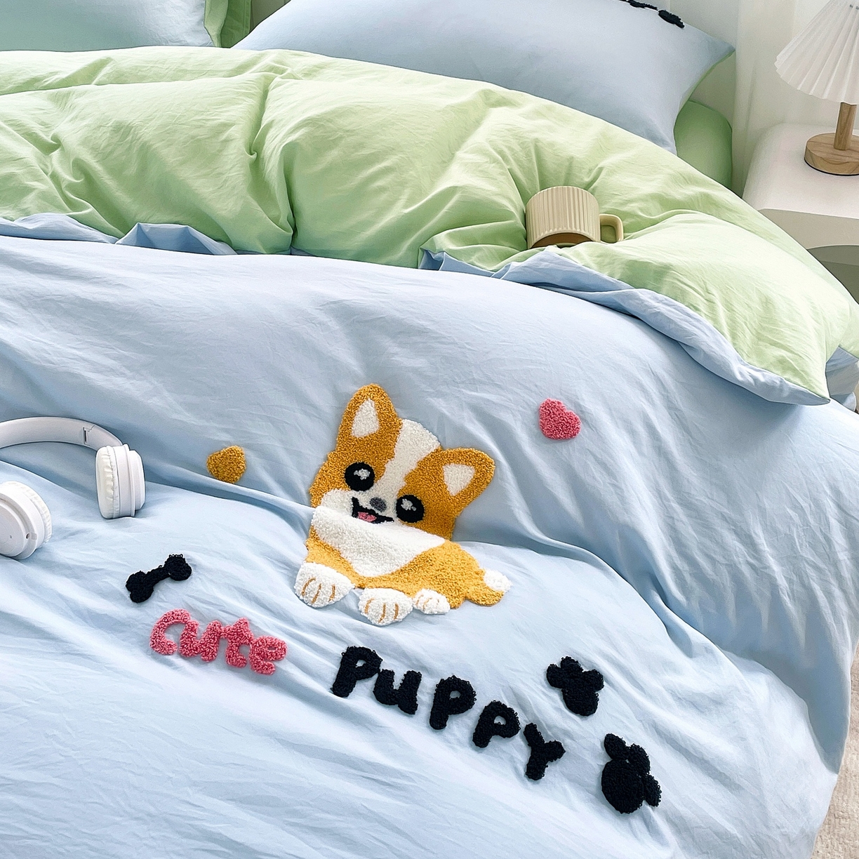 91家纺网 家纺一手货源 找家纺 三叁三 2025新款亲肤云柔水洗棉卡通毛巾绣四件套 可爱狗-蓝