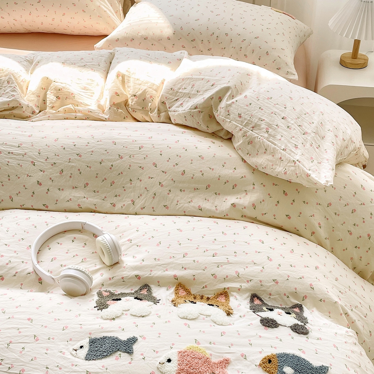 91家纺网 家纺一手货源 找家纺 三叁三 2025新款亲肤云柔水洗棉卡通毛巾绣四件套 喵喵鱼-杏色