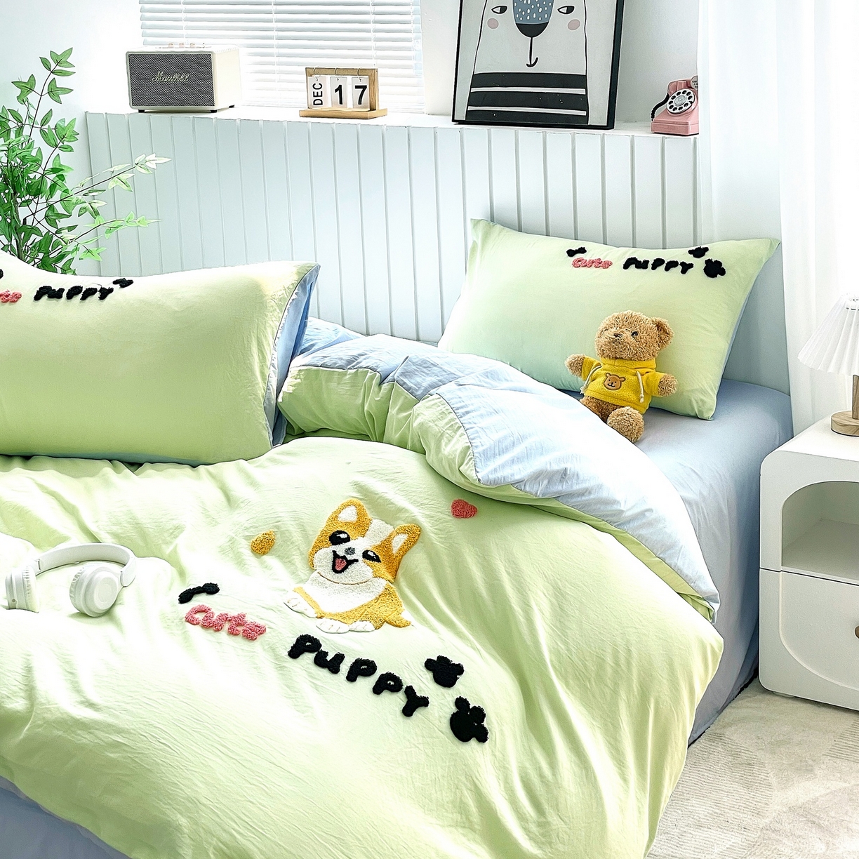 91家纺网 家纺一手货源 找家纺 三叁三 2025新款亲肤云柔水洗棉卡通毛巾绣四件套 可爱狗-绿