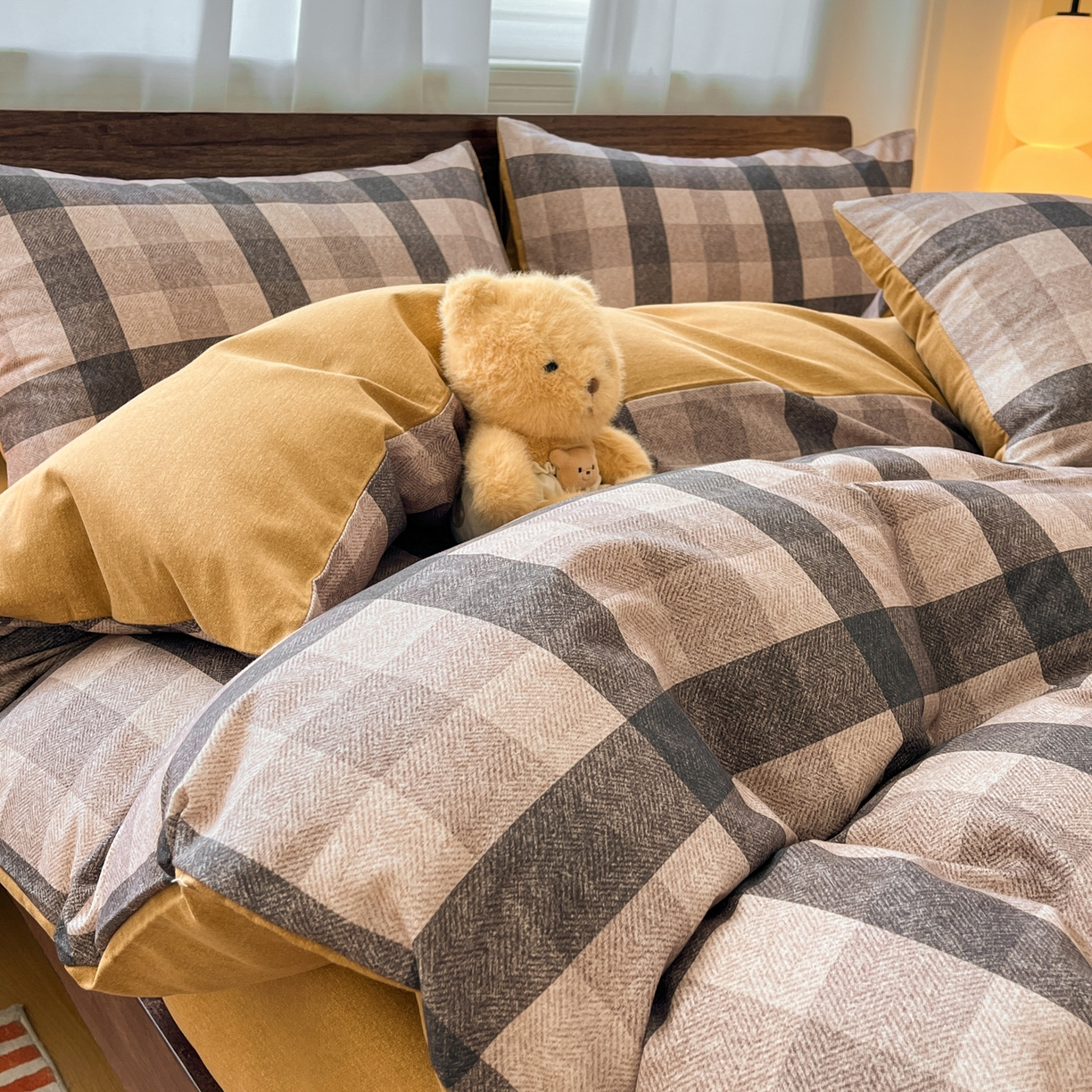 91家纺网 家纺一手货源 找家纺 典曼家纺 2025新款原棉磨毛印花四件套 朗格-咖