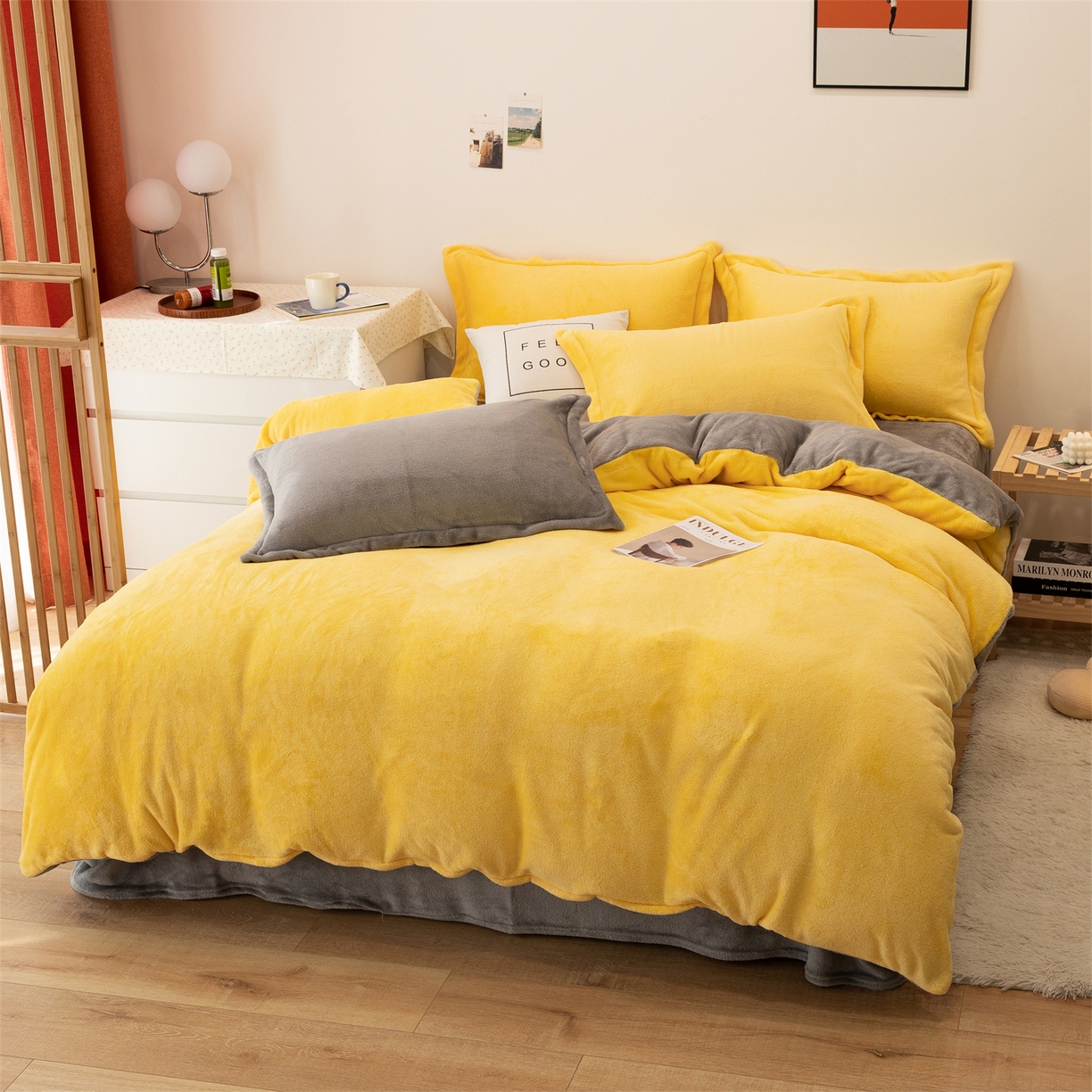 91家纺网 家纺一手货源 找家纺 兰紫橙家纺 2025新款双面绒纯色双拼牛奶绒四件套 鹅黄+浅灰