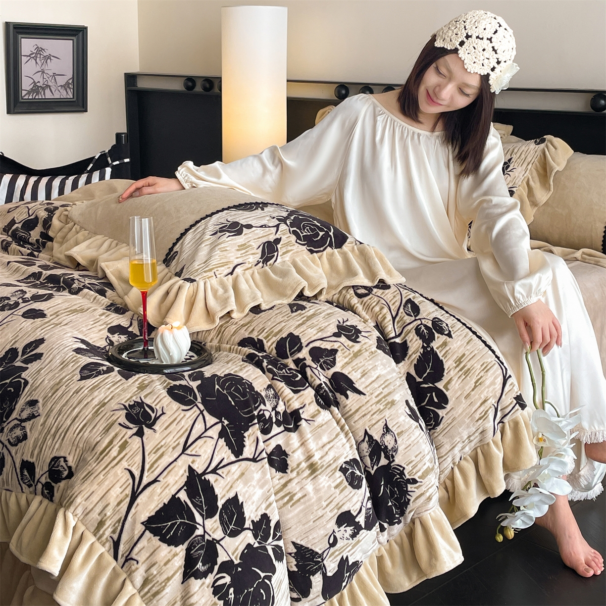 91家纺网 家纺一手货源 找家纺 慕木家纺 2025新款A类高克重高端雕花烂花AB版工艺款拼接四件套绮梦系列(直播热款) 玫瑰眠窝