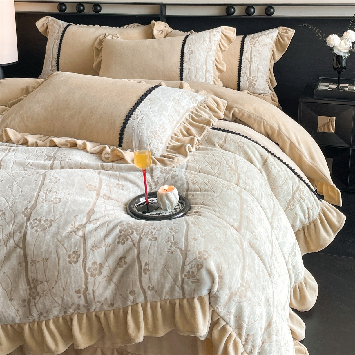 慕木家纺 2025新款A类高克重高端雕花烂花AB版工艺款拼接四件套绮梦系列(直播热款) 浅梦絮语-咖