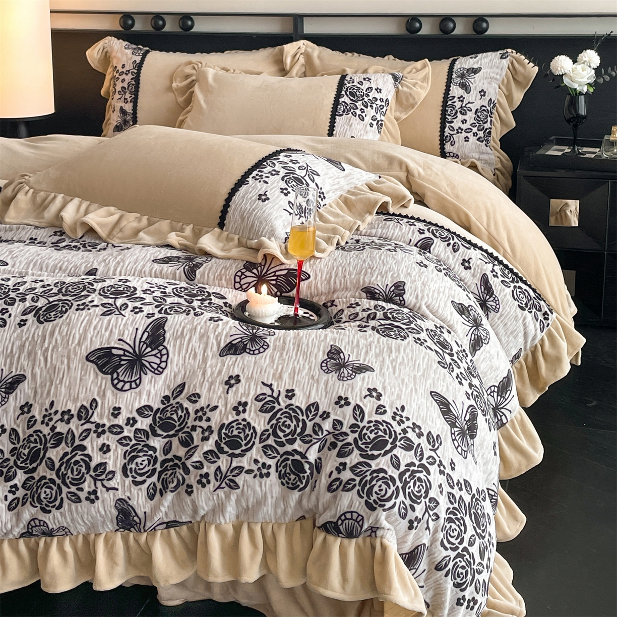 慕木家纺 2025新款A类高克重高端雕花烂花AB版工艺款拼接四件套绮梦系列(直播热款) 墨韵蝶香