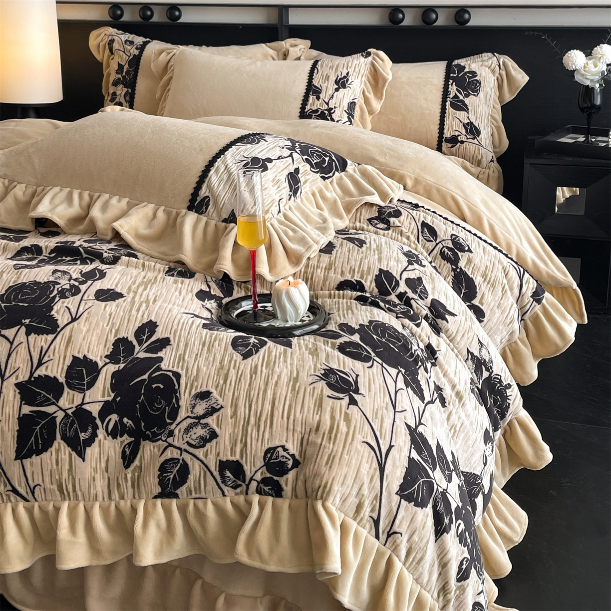 慕木家纺 2025新款A类高克重高端雕花烂花AB版工艺款拼接四件套绮梦系列(直播热款) 玫瑰眠窝