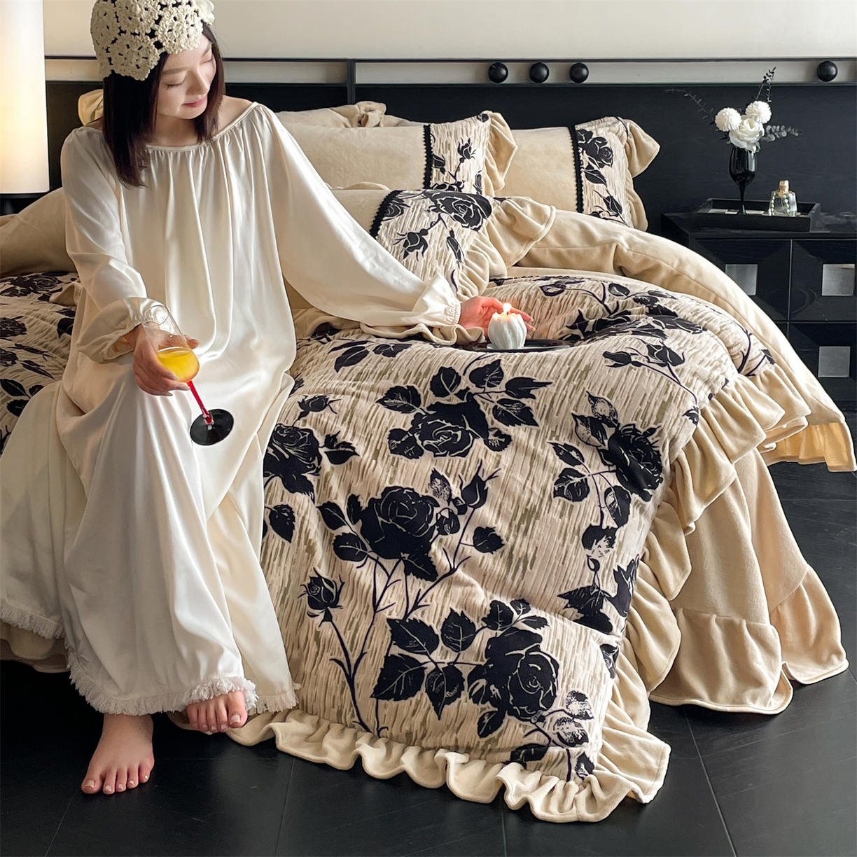 91家纺网 家纺一手货源 找家纺 慕木家纺 2025新款A类高克重高端雕花烂花AB版工艺款拼接四件套绮梦系列(直播热款) 玫瑰眠窝