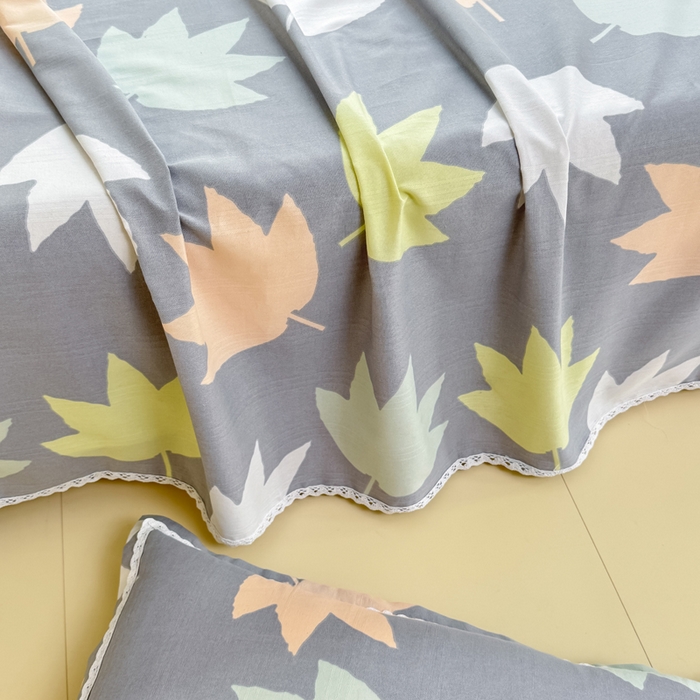 91家纺网 家纺一手货源 找家纺 梵克保罗 2025春夏原棉鱼骨棉老粗布花边印花床单软凉席三件套 叶韵秋眠