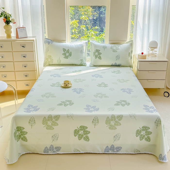 梵克保罗 2025春夏原棉鱼骨棉老粗布花边印花床单软凉席三件套 翠叶