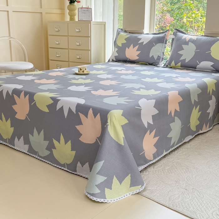 91家纺网 家纺一手货源 找家纺 梵克保罗 2025春夏原棉鱼骨棉老粗布花边印花床单软凉席三件套 叶韵秋眠