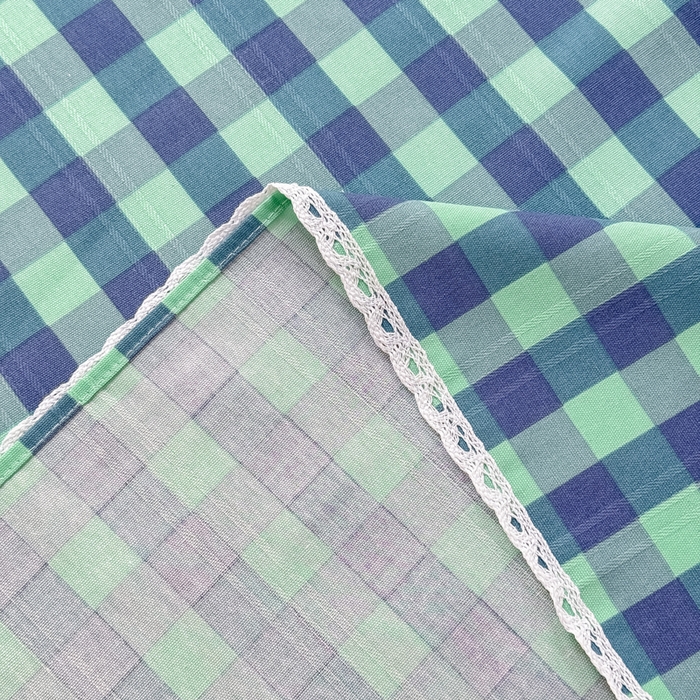 91家纺网 家纺一手货源 找家纺 梵克保罗 2025春夏原棉鱼骨棉老粗布花边印花床单软凉席三件套 蓝格