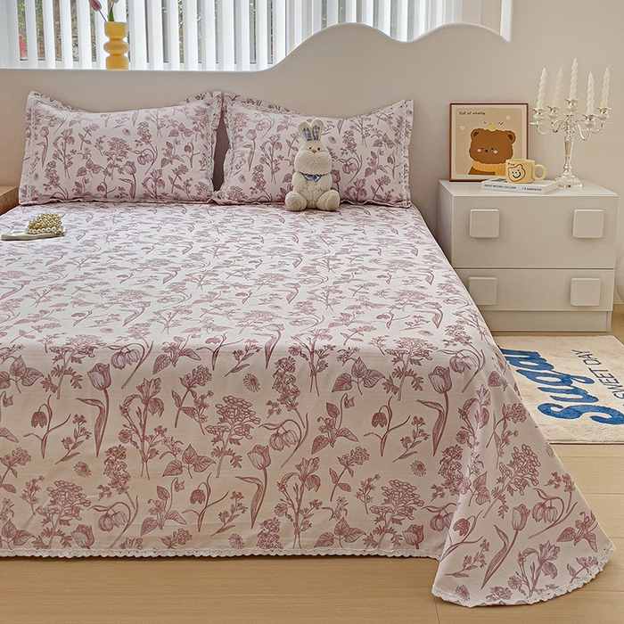 91家纺网 家纺一手货源 找家纺 梵克保罗 2025春夏原棉鱼骨棉老粗布花边印花床单软凉席三件套 花意