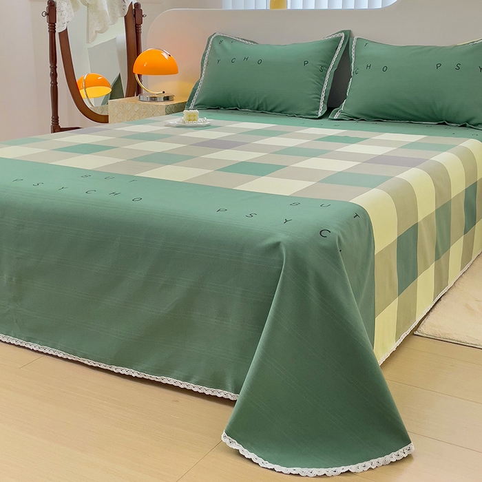 91家纺网 家纺一手货源 找家纺 梵克保罗 2025春夏原棉鱼骨棉老粗布花边印花床单软凉席三件套 宜家-绿