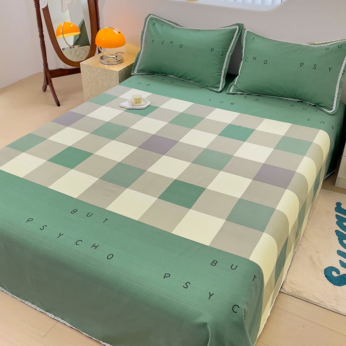 91家纺网 家纺一手货源 找家纺 梵克保罗 2025春夏原棉鱼骨棉老粗布花边印花床单软凉席三件套 宜家-绿