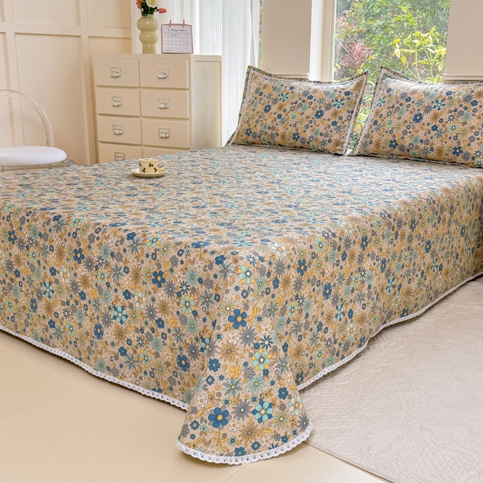 91家纺网 家纺一手货源 找家纺 梵克保罗 2025春夏原棉鱼骨棉老粗布花边印花床单软凉席三件套 陌上花吟