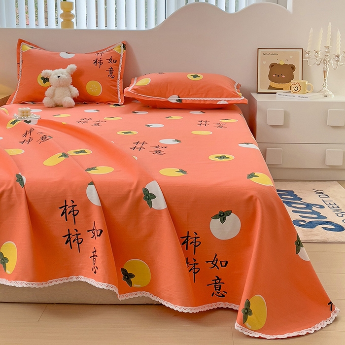 91家纺网 家纺一手货源 找家纺 梵克保罗 2025春夏原棉鱼骨棉老粗布花边印花床单软凉席三件套 柿柿如意-桔