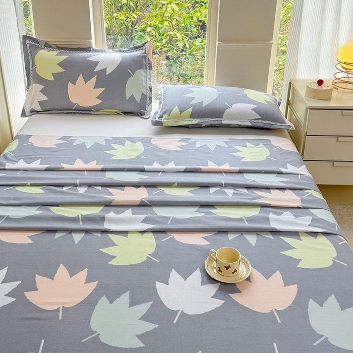 91家纺网 家纺一手货源 找家纺 梵克保罗 2025春夏原棉鱼骨棉老粗布花边印花床单软凉席三件套 叶韵秋眠