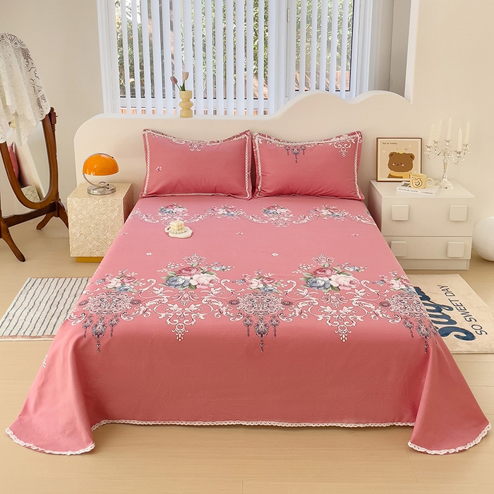 梵克保罗 2025春夏原棉鱼骨棉老粗布花边印花床单软凉席三件套 欧式风情-粉