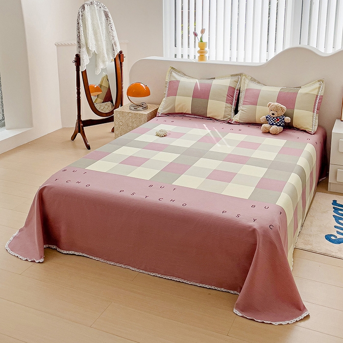 91家纺网 家纺一手货源 找家纺 梵克保罗 2025春夏原棉鱼骨棉老粗布花边印花床单软凉席三件套 宜家-粉