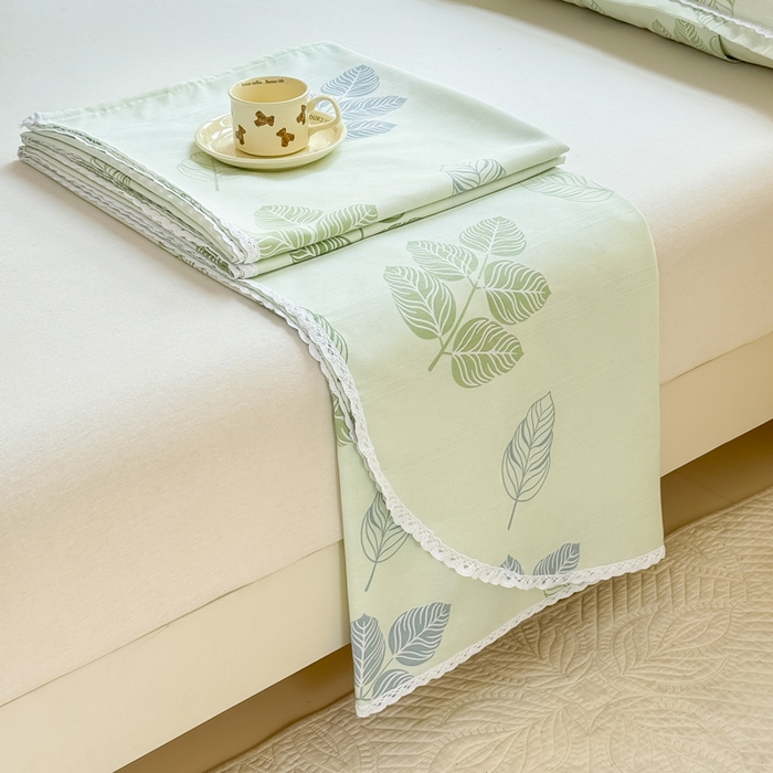 91家纺网 家纺一手货源 找家纺 梵克保罗 2025春夏原棉鱼骨棉老粗布花边印花床单软凉席三件套 翠叶