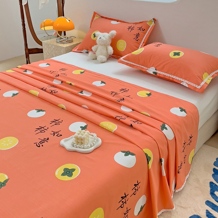 91家纺网 家纺一手货源 找家纺 梵克保罗 2025春夏原棉鱼骨棉老粗布花边印花床单软凉席三件套 柿柿如意-桔