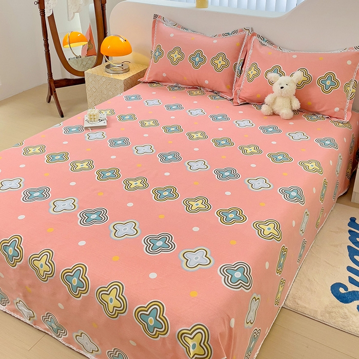 91家纺网 家纺一手货源 找家纺 梵克保罗 2025春夏原棉鱼骨棉老粗布花边印花床单软凉席三件套 四叶草-玉