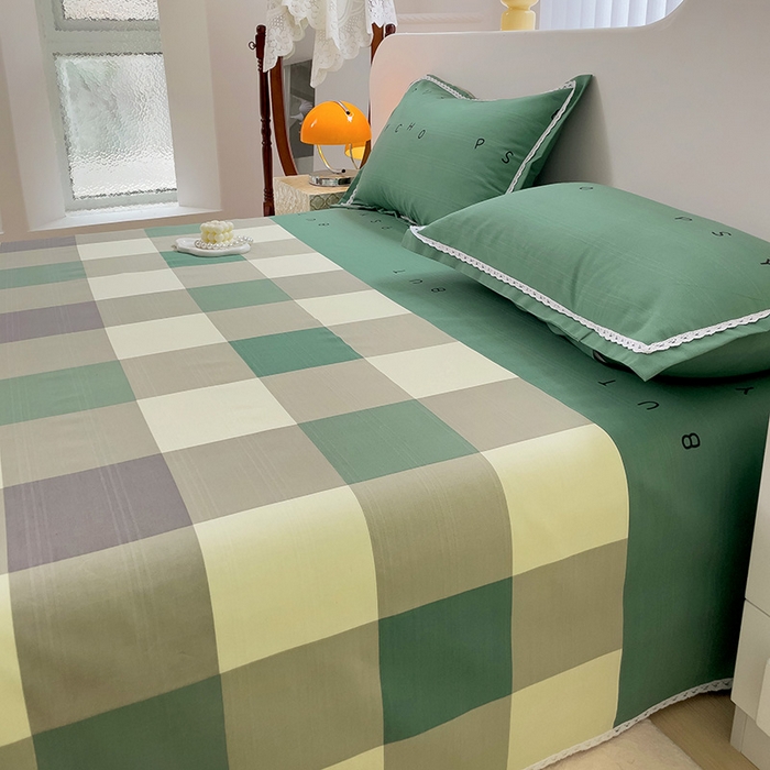 91家纺网 家纺一手货源 找家纺 梵克保罗 2025春夏原棉鱼骨棉老粗布花边印花床单软凉席三件套 宜家-绿