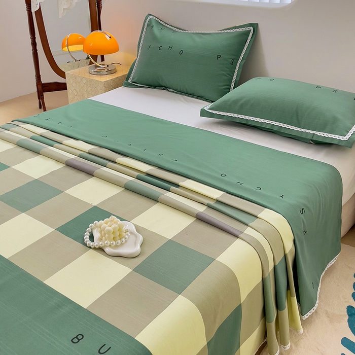 91家纺网 家纺一手货源 找家纺 梵克保罗 2025春夏原棉鱼骨棉老粗布花边印花床单软凉席三件套 宜家-绿