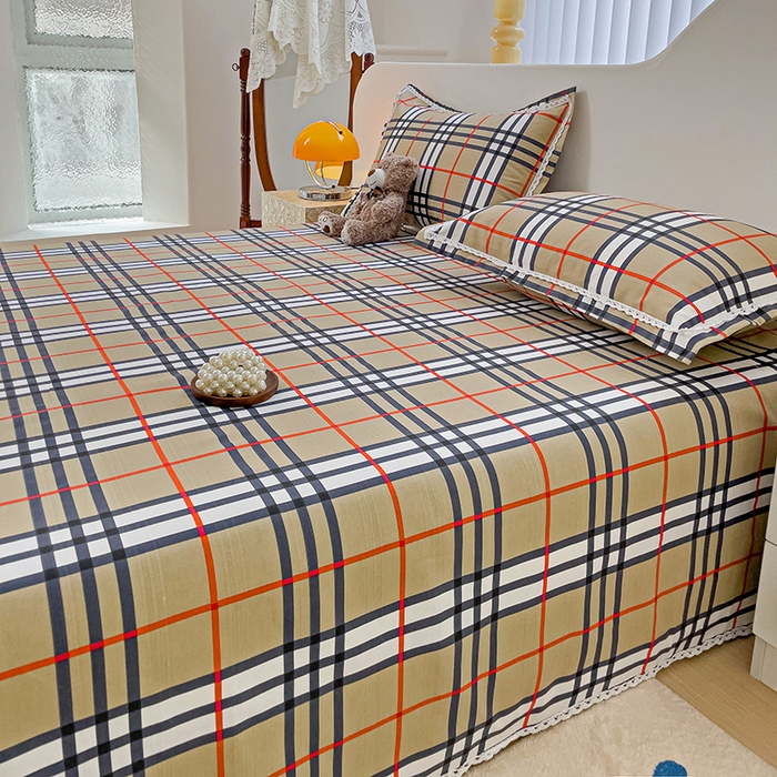 91家纺网 家纺一手货源 找家纺 梵克保罗 2025春夏原棉鱼骨棉老粗布花边印花床单软凉席三件套 英伦时尚