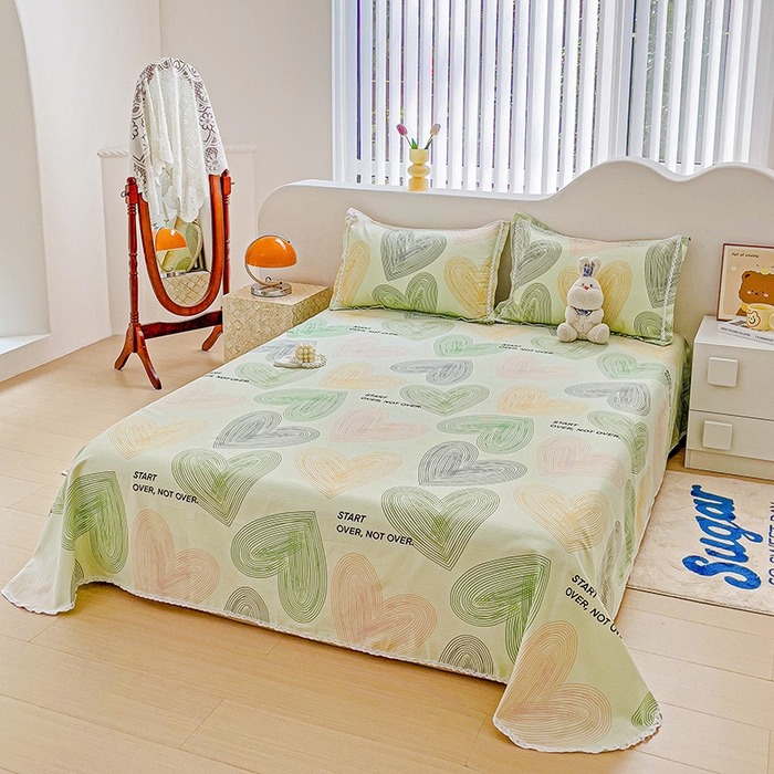 91家纺网 家纺一手货源 找家纺 梵克保罗 2025春夏原棉鱼骨棉老粗布花边印花床单软凉席三件套 心动-绿