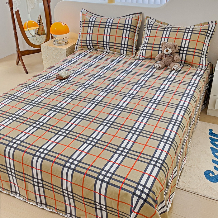 91家纺网 家纺一手货源 找家纺 梵克保罗 2025春夏原棉鱼骨棉老粗布花边印花床单软凉席三件套 英伦时尚