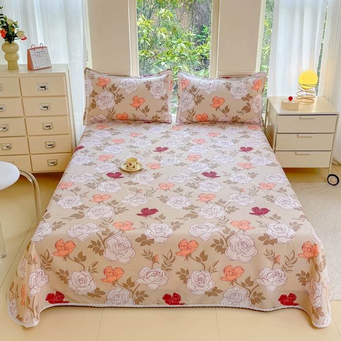 梵克保罗 2025春夏原棉鱼骨棉老粗布花边印花床单软凉席三件套 玫瑰