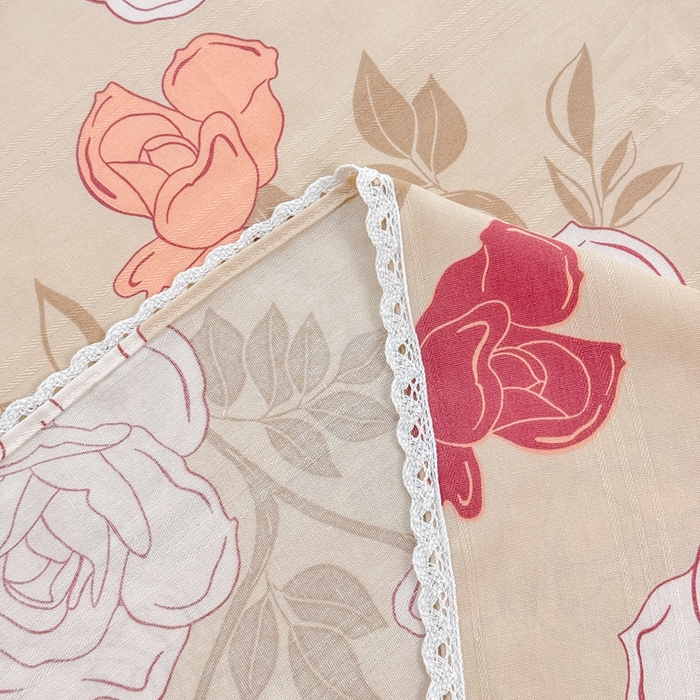 91家纺网 家纺一手货源 找家纺 梵克保罗 2025春夏原棉鱼骨棉老粗布花边印花床单软凉席三件套 玫瑰