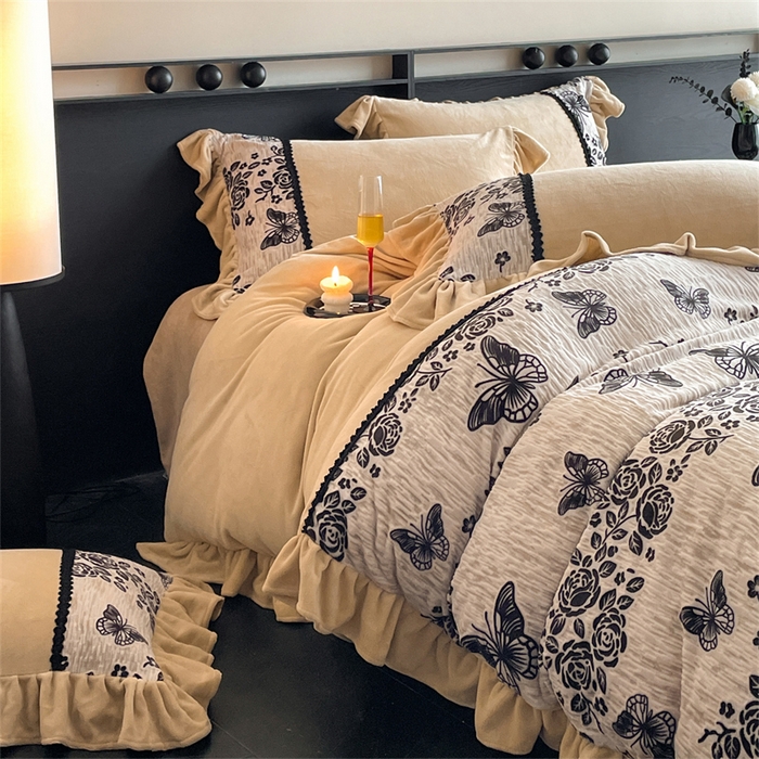 91家纺网 家纺一手货源 找家纺 （总）慕木家纺 2025新款A类高克重高端雕花烂花AB版工艺款拼接四件套绮梦系列(直播热款)