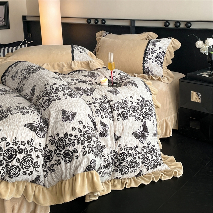 91家纺网 家纺一手货源 找家纺 （总）慕木家纺 2025新款A类高克重高端雕花烂花AB版工艺款拼接四件套绮梦系列(直播热款)