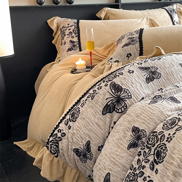 91家纺网 家纺一手货源 找家纺 （总）慕木家纺 2025新款A类高克重高端雕花烂花AB版工艺款拼接四件套绮梦系列(直播热款)