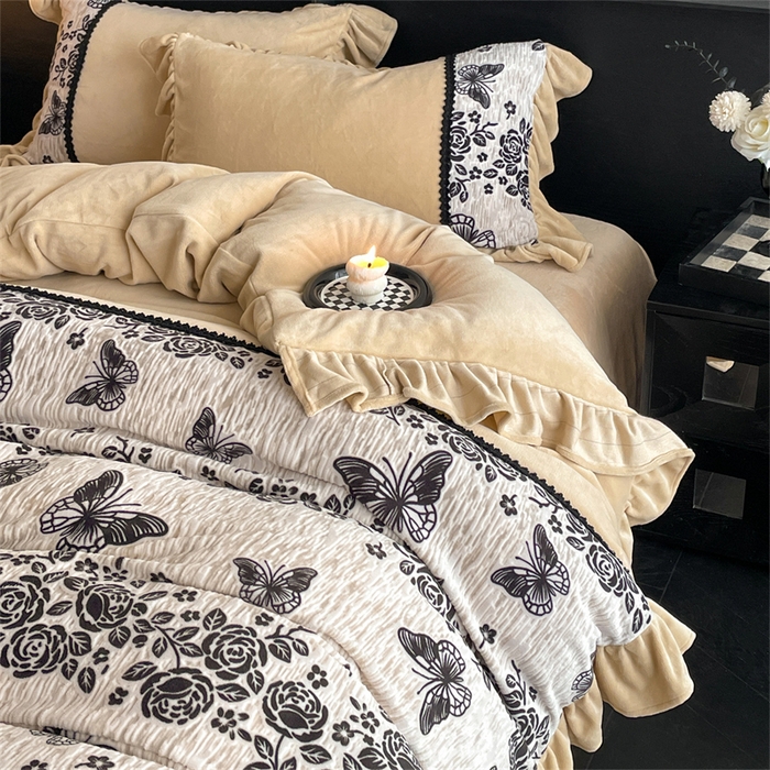 91家纺网 家纺一手货源 找家纺 （总）慕木家纺 2025新款A类高克重高端雕花烂花AB版工艺款拼接四件套绮梦系列(直播热款)