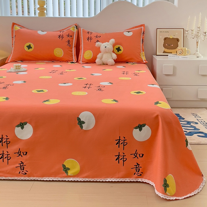 91家纺网 家纺一手货源 找家纺 梵克保罗 2025春夏原棉鱼骨棉老粗布花边印花床单软凉席三件套 柿柿如意-桔