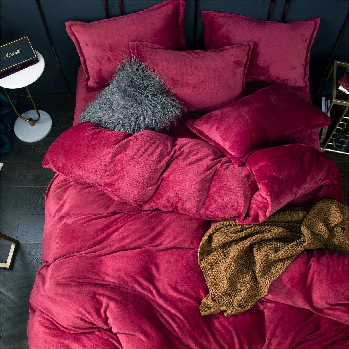 91家纺网 家纺一手货源 找家纺 兰紫橙家纺 2025新款双面绒纯色双拼牛奶绒四件套 酒红